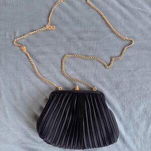 Black Pleated Clutch Bag by Sasha w/ Gold-Toned Chain Strap